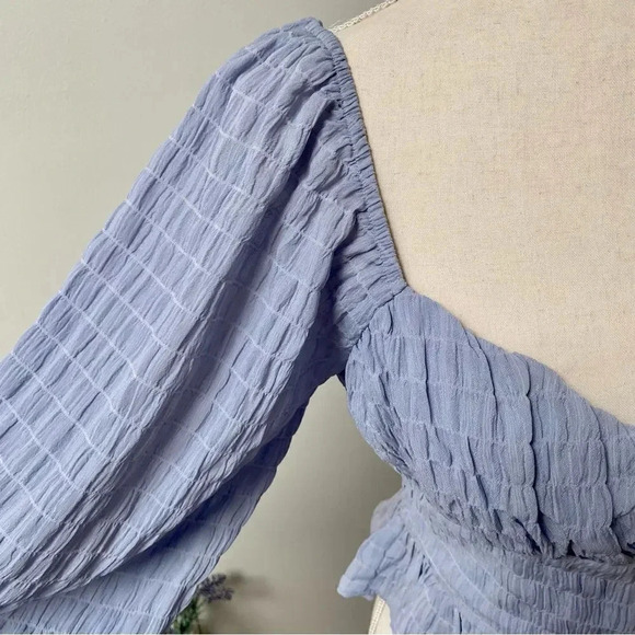 Lush Maria Smocked Peplum Blouse Blue Long Sleeve Size Medium - Picture 8 of 15